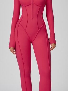 Form-Fitting Long-Sleeve Jumpsuit in Bright Pink